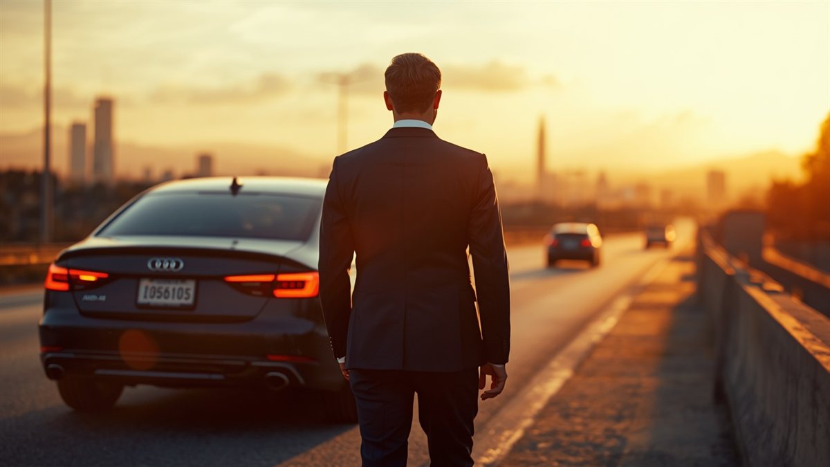 Executivo de costas em sedan alemao premium ao por do sol em rodovia de Sao Paulo - Allianz Seguros Auto