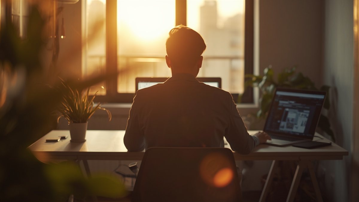 Freelancer em home office com laptop ao por do sol - Seguro Cyber MEI