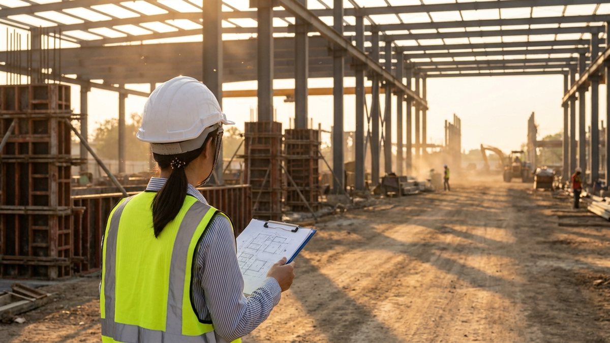 Engenheiro civil de costas com capacete em canteiro de obras com estrutura metalica e concreto golden hour