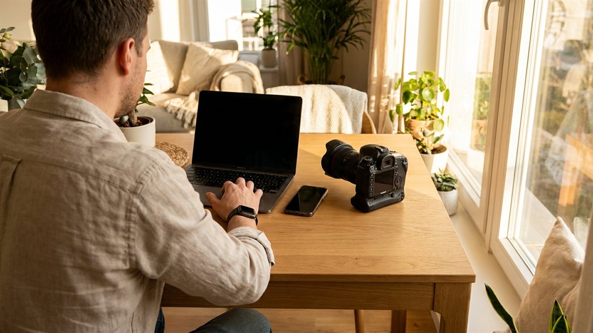 Mesa com notebook, cÃ¢mera profissional, smartphone e smartwatch ao golden hour