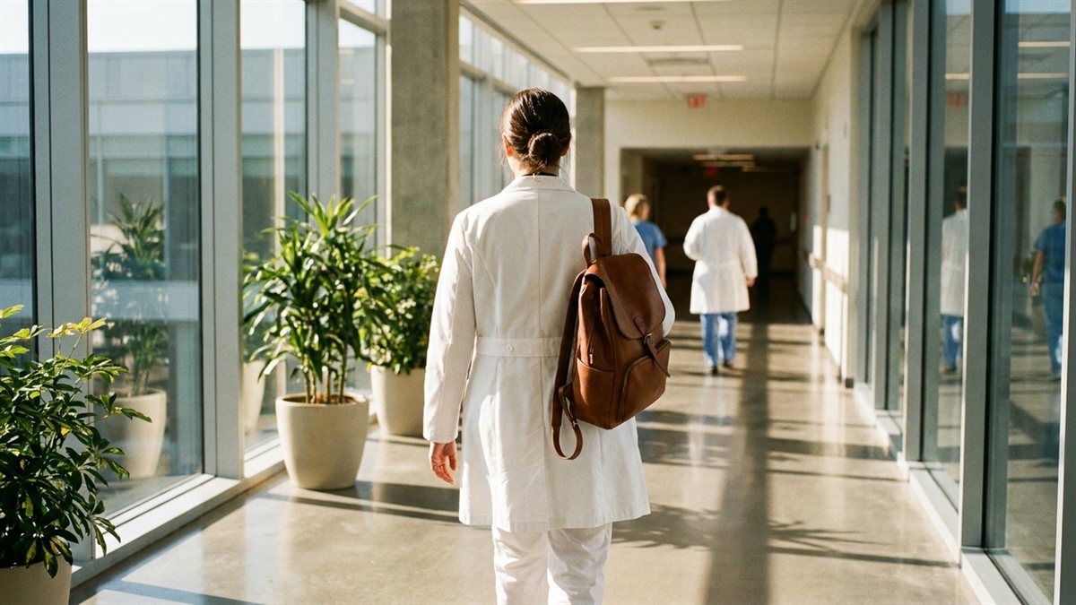 Profissional de saude de costas em corredor de hospital moderno com luz natural ao golden hour