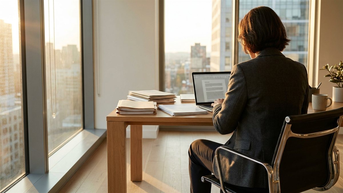 Profissional executivo em escritorio minimalista revisando documentos legais e laptop ao golden hour