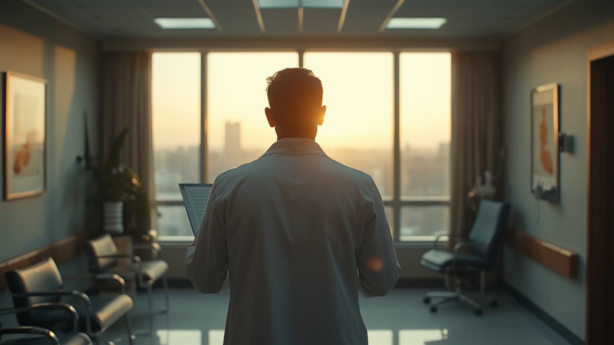 Medico de costas com jaleco branco revisando prontuario em sala de cardiologia tradicional moderna ao golden hour