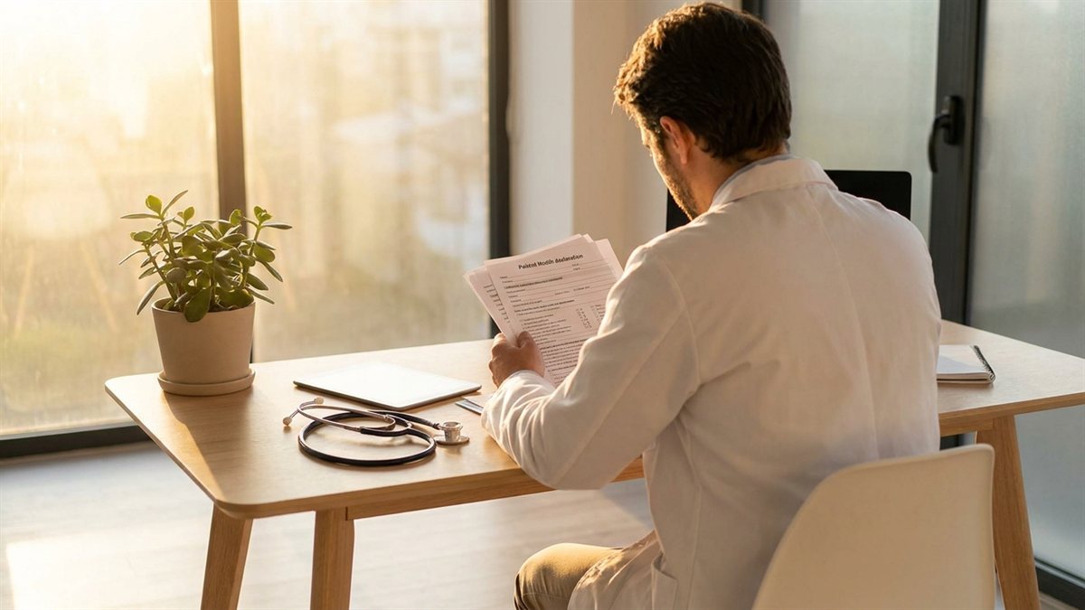Medico de costas em consultorio moderno revisando declaracao de saude com estetoscopio ao golden hour