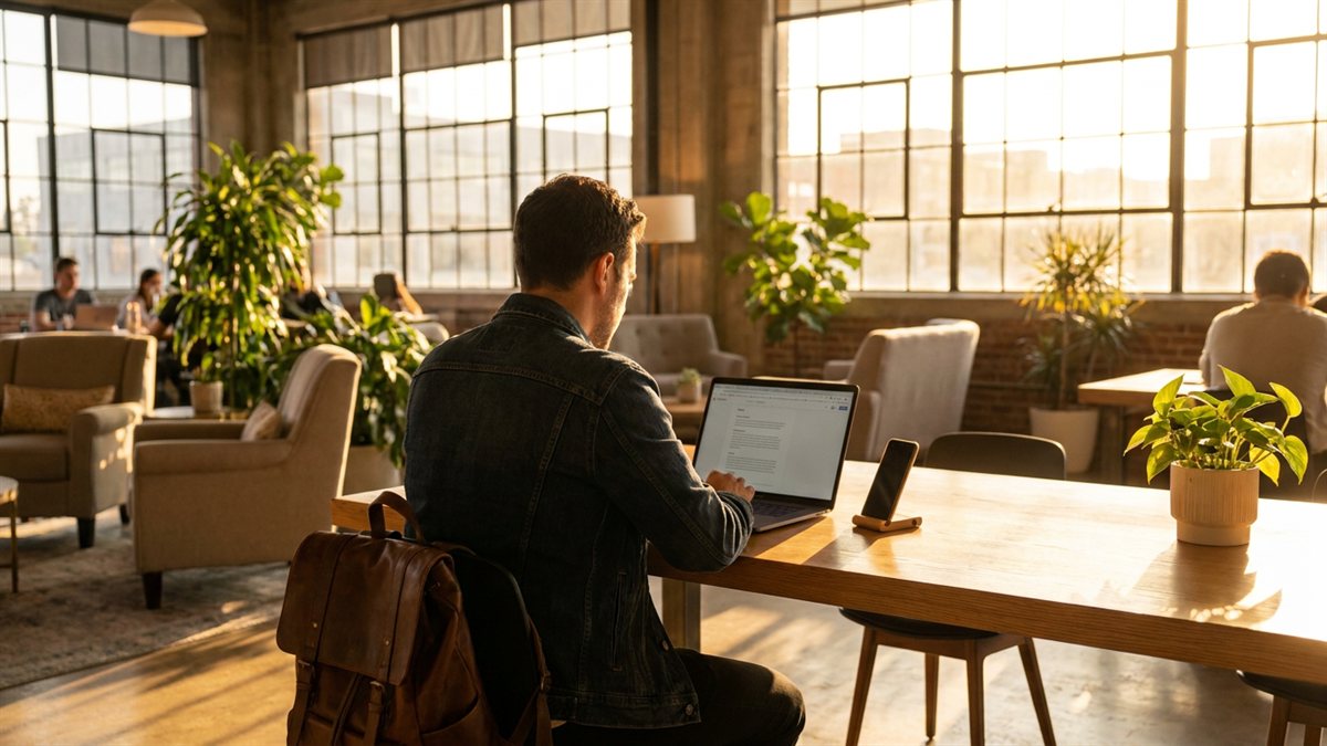 Profissional autonomo MEI de costas em coworking moderno com laptop e smartphone ao golden hour