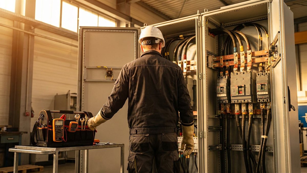 Engenheiro eletricista de costas com capacete e EPI ao lado de painel eletrico industrial ao golden hour