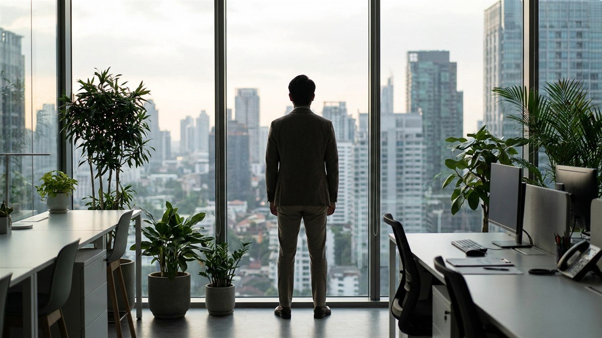 Profissional de costas em escritorio corporativo com vista da cidade - previdencia empresarial - Rio Rubio Corretora