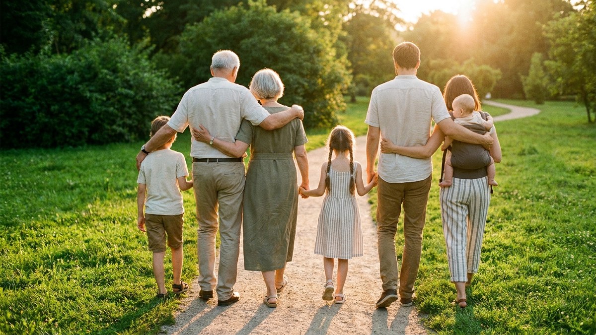 Familia de varias geracoes caminhando ao por do sol - previdencia, inventario e sucessao, Rio Rubio Corretora