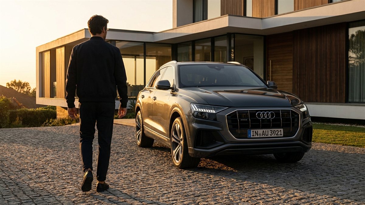 Audi Q8 em frente a casa de luxo ao por do sol - seguro de Audi pela Rio Rubio Corretora
