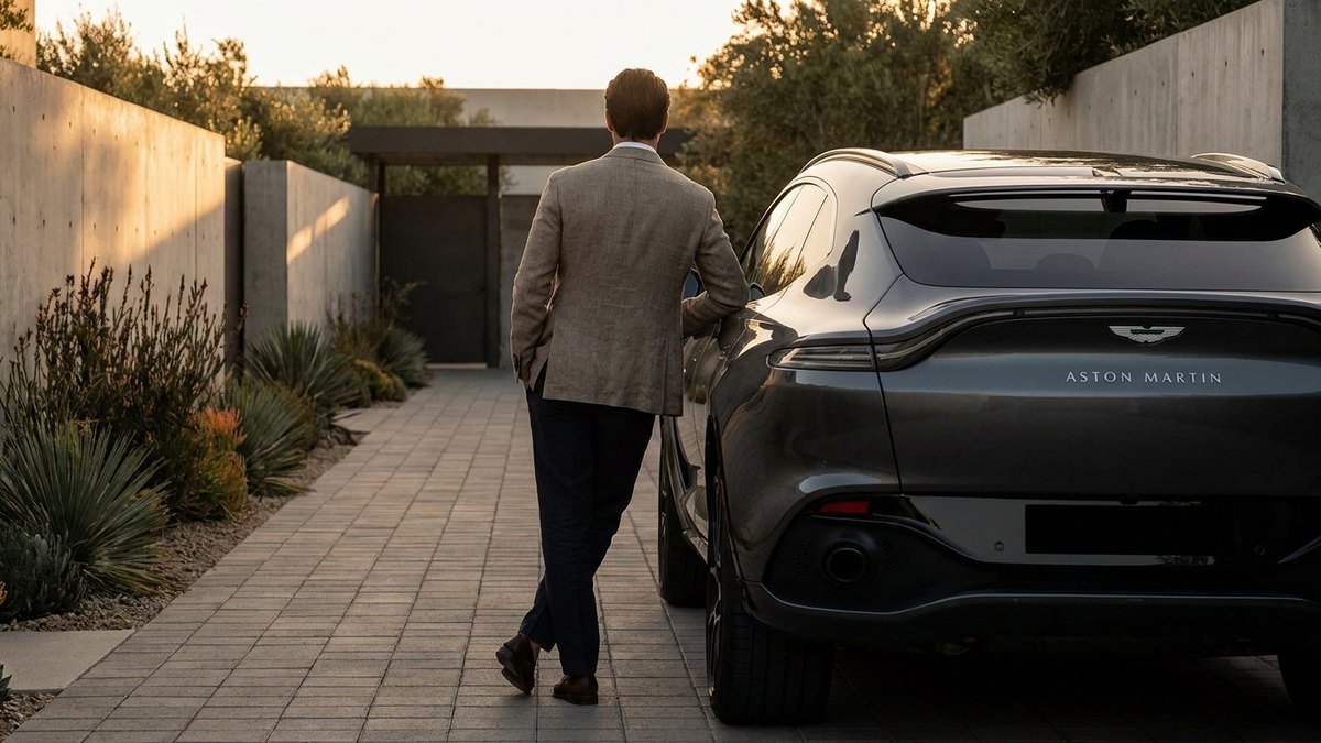 Aston Martin DBX em frente a casa de luxo ao por do sol - seguro de carro de luxo pela Rio Rubio