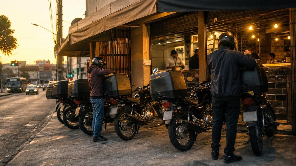 Frota de motos de delivery enfileiradas em frente a restaurante
