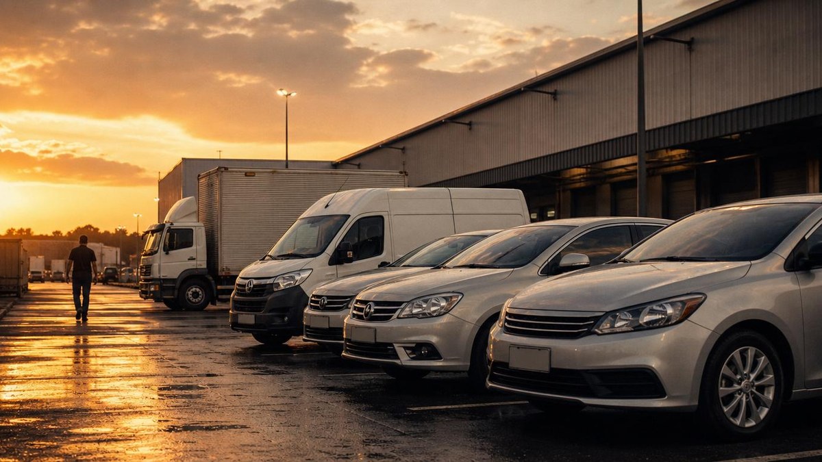 Frota de veículos de empresa em pátio de logística ao fim de tarde