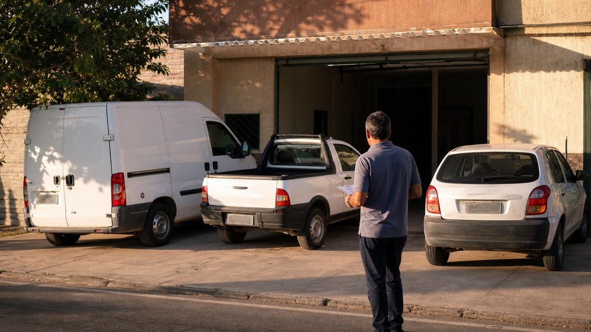 Frota pequena de empresa com van, picape e carro de trabalho ao amanhecer