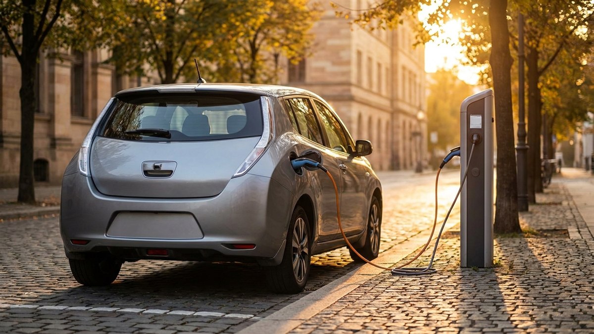 Geely EX2 elétrico compacto carregando na rua ao pôr do sol - seguro pela Rio Rubio