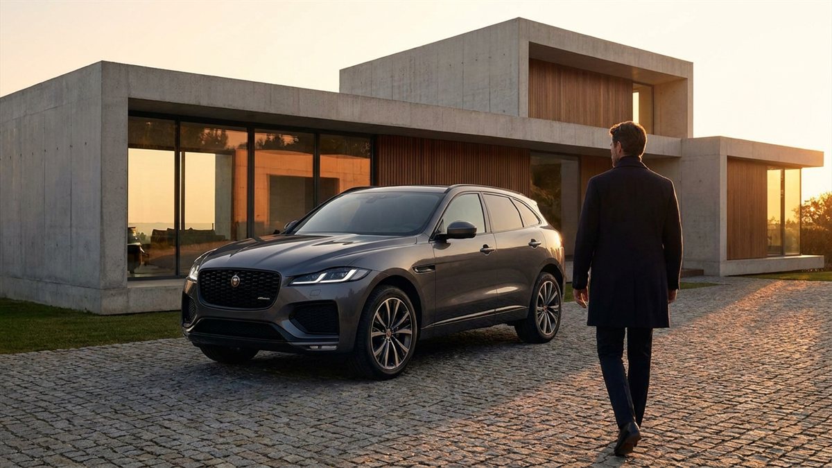 Jaguar F-Pace em frente a casa de luxo ao por do sol - seguro de Jaguar pela Rio Rubio Corretora
