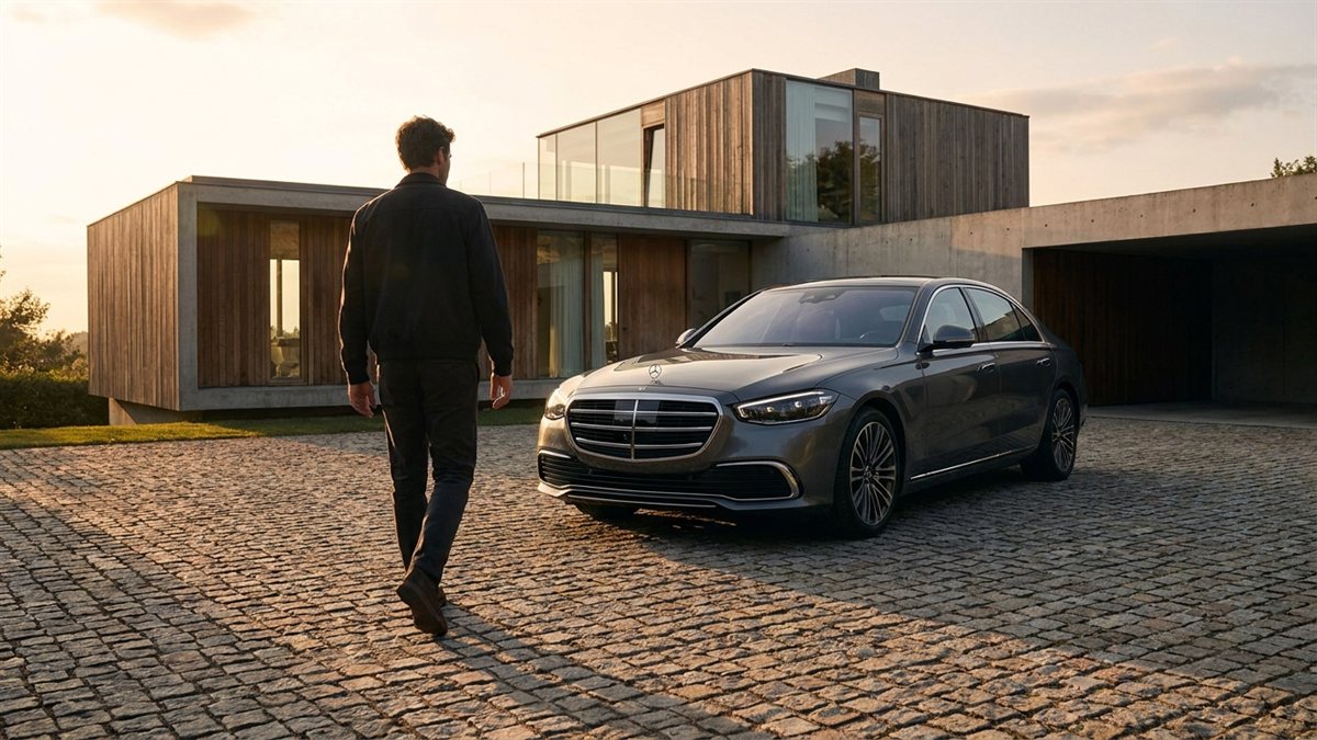 Mercedes-Benz prata em frente a casa de luxo ao por do sol - seguro de Mercedes pela Rio Rubio Corretora