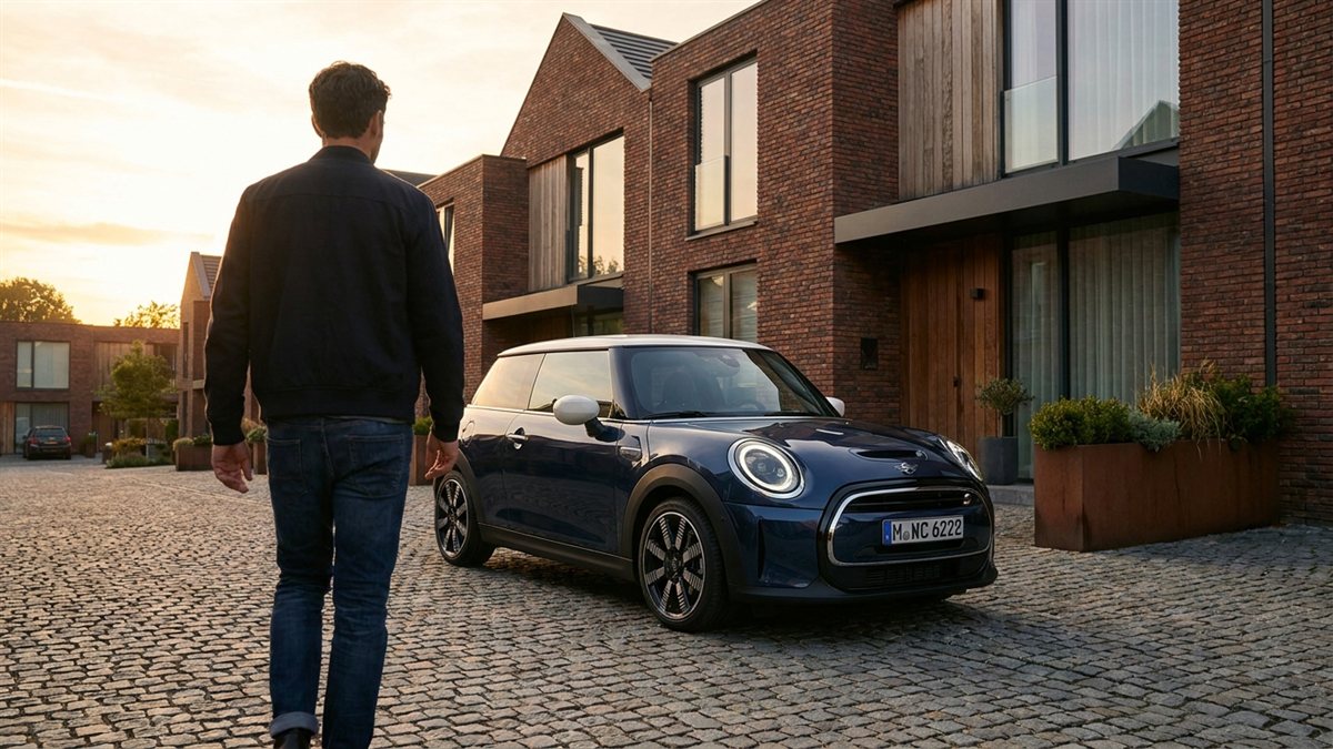Mini Cooper azul em frente a casas modernas ao por do sol - seguro de Mini Cooper pela Rio Rubio