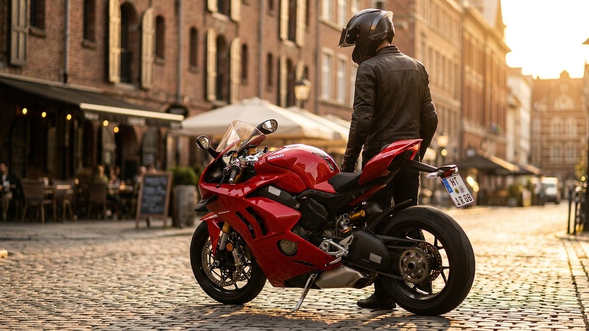 Ducati Panigale vermelha com piloto na rua ao por do sol - seguro de moto Ducati pela Rio Rubio Corretora