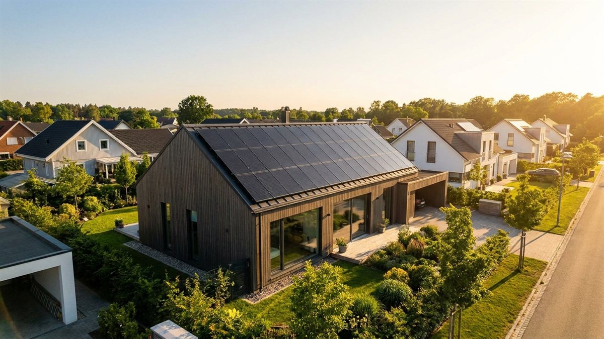 Placas solares fotovoltaicas instaladas no telhado de uma casa ao entardecer