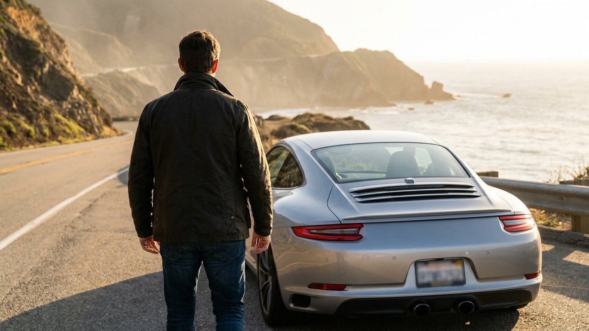 Porsche 911 prata em estrada litoranea ao por do sol - seguro de Porsche pela Rio Rubio Corretora