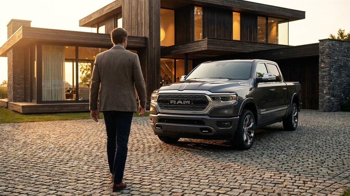 RAM 1500 picape em frente a casa de luxo ao entardecer - seguro de RAM pela Rio Rubio Corretora