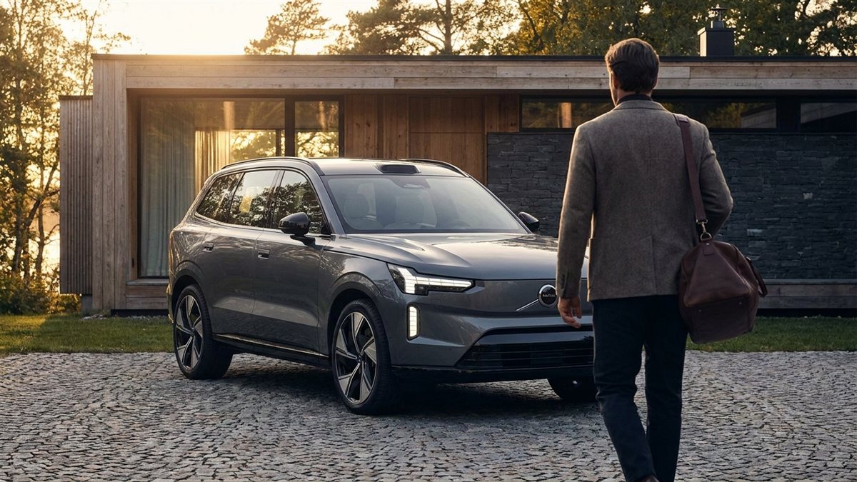 Volvo EX90 em frente a casa moderna ao por do sol - seguro de Volvo pela Rio Rubio Corretora