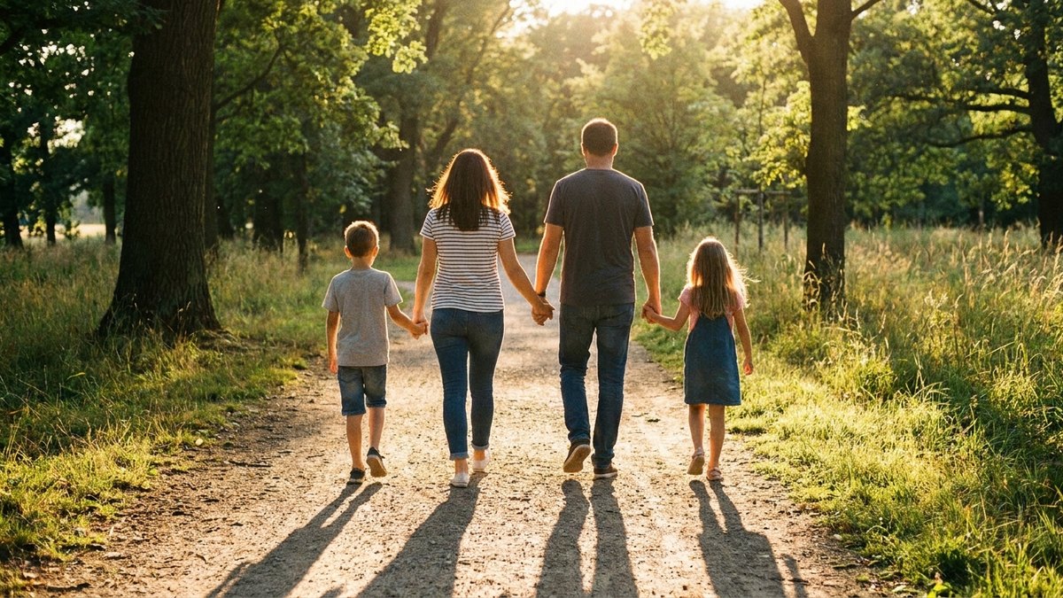 Familia caminhando junta representando seguro de vida familiar