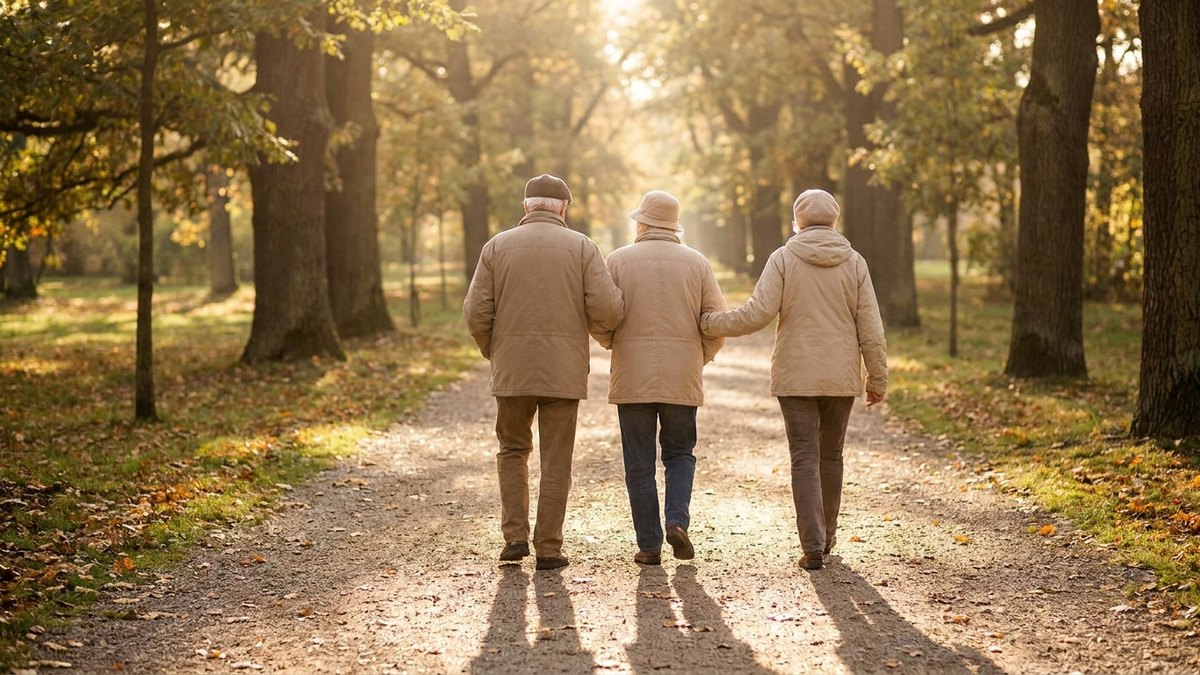 Casal idoso caminhando em parque representando seguro de vida na terceira idade